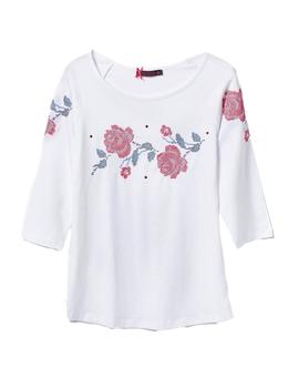 Camiseta Lolitas-L Flores Punto De Cruz Blanco