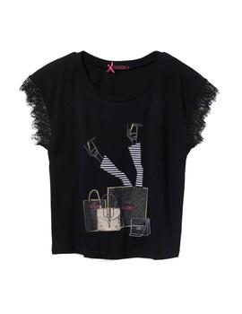 Camiseta Lolitas-L Mangas Con Puntillas Negro